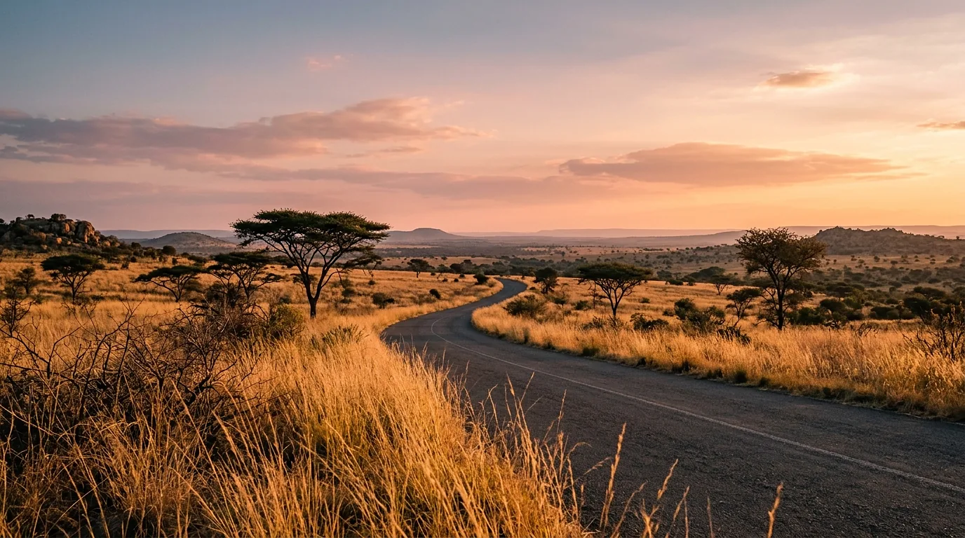 Golden-hour road through North West bushveld with thorn trees